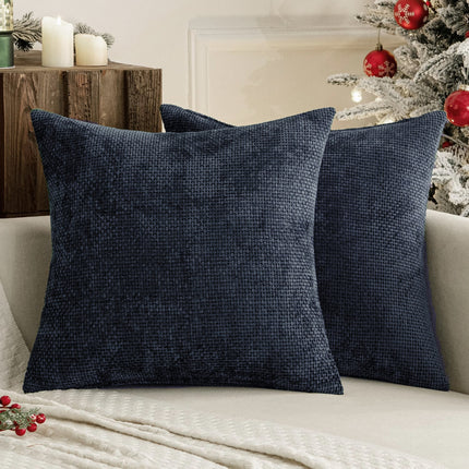 Dark Blue Plush Chenille Cushion Covers Set of 2 - Soft Textured Decorative Throw Pillow Cases for Sofa Couch, 45x45cm.