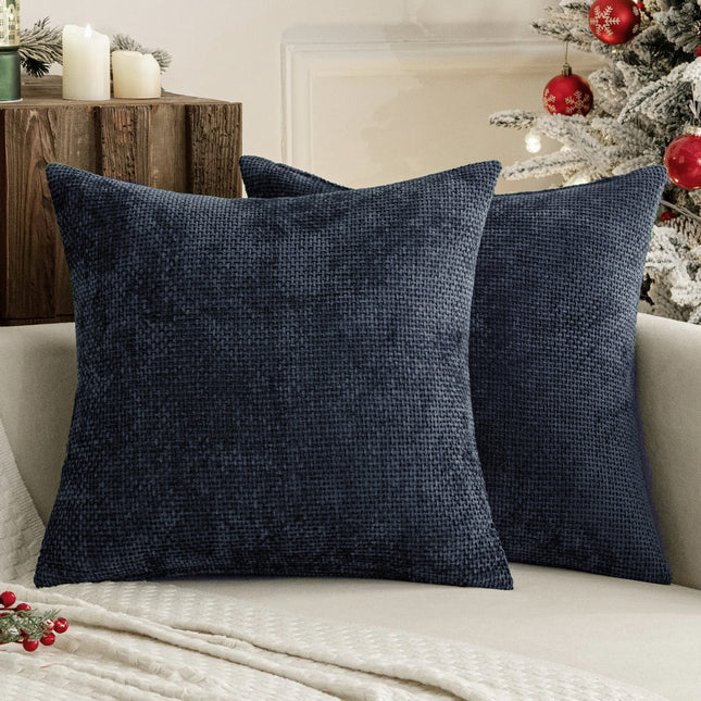 Dark Blue Plush Chenille Cushion Covers Set of 2 - Soft Textured Decorative Throw Pillow Cases for Sofa Couch, 45x45cm.