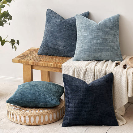 Dark Blue Plush Chenille Cushion Covers Set of 2 - Soft Textured Decorative Throw Pillow Cases for Sofa Couch, 45x45cm.