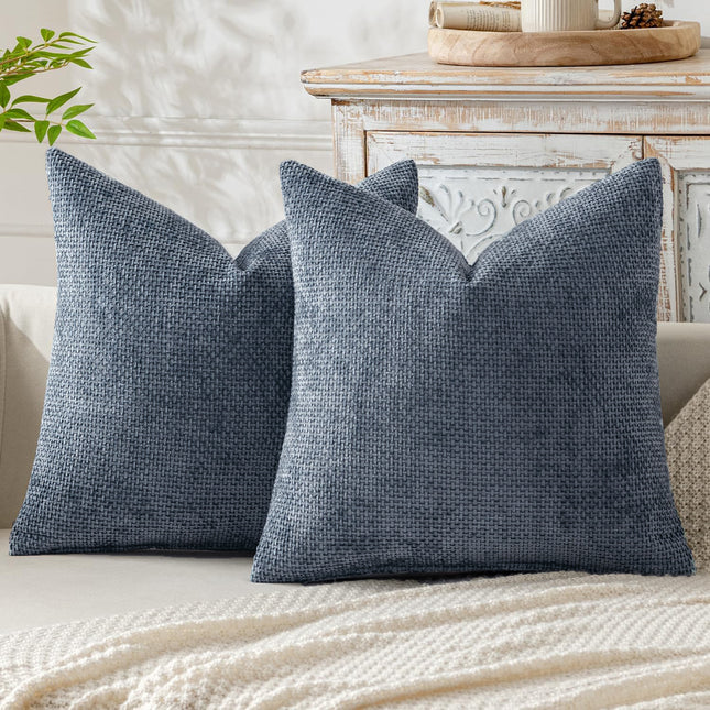 Light Blue Plush Chenille Cushion Covers Set of 2 - Soft Textured Decorative Throw Pillow Cases for Sofa Couch, 45x45cm.