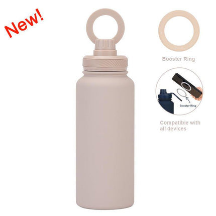 Beige 1L Stainless Steel Water Bottle with Magnetic Phone Holder Lid - Portable Hydration & Hands-Free Stand.