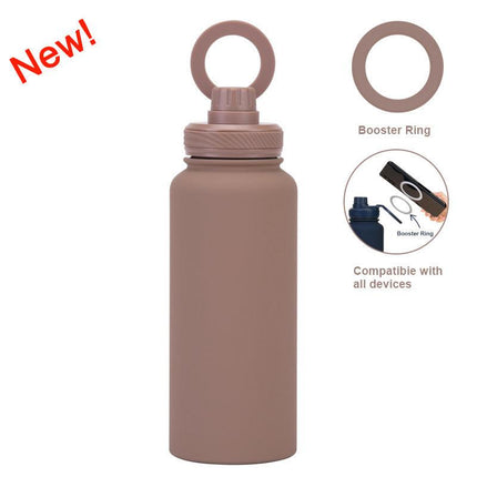 Brown 1L Stainless Steel Water Bottle with Magnetic Phone Holder Lid - Portable Hydration & Hands-Free Stand.