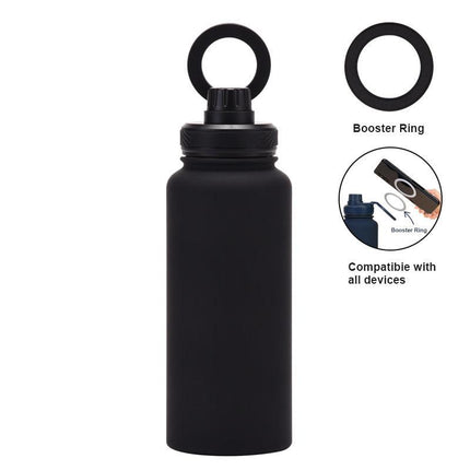 Black 1L Stainless Steel Water Bottle with Magnetic Phone Holder Lid - Portable Hydration & Hands-Free Stand.