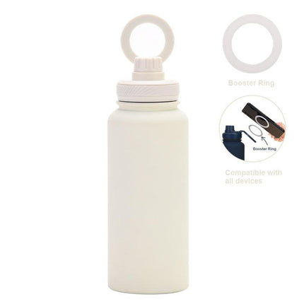 White 1L Stainless Steel Water Bottle with Magnetic Phone Holder Lid - Portable Hydration & Hands-Free Stand.