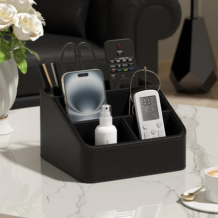 Black Stylish PU Leather Desktop Organizer Caddy - Multi-Compartment Holder for Remotes, Office Supplies, Makeup.