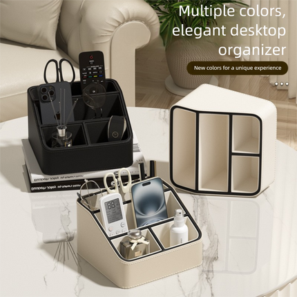 Black Stylish PU Leather Desktop Organizer Caddy - Multi-Compartment Holder for Remotes, Office Supplies, Makeup.
