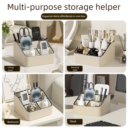 Black Stylish PU Leather Desktop Organizer Caddy - Multi-Compartment Holder for Remotes, Office Supplies, Makeup.