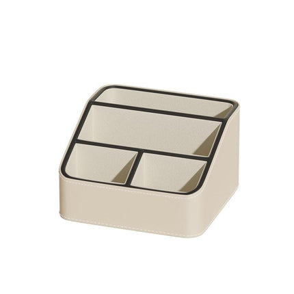 White and Black Stylish PU Leather Desktop Organizer Caddy - Multi-Compartment Holder for Remotes, Office Supplies, Makeup.
