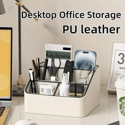 White and Black Stylish PU Leather Desktop Organizer Caddy - Multi-Compartment Holder for Remotes, Office Supplies, Makeup.