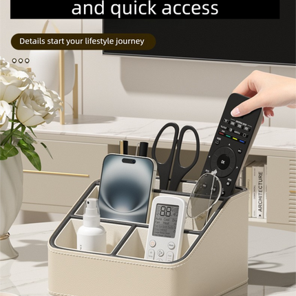 Beige and Black Stylish PU Leather Desktop Organizer Caddy - Multi-Compartment Holder for Remotes, Office Supplies, Makeup.