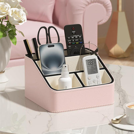 Pink and Black Stylish PU Leather Desktop Organizer Caddy - Multi-Compartment Holder for Remotes, Office Supplies, Makeup.