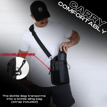 Black Magnetic Gym Water Bottle Holder Bag - Crossbody Sling Pouch for Essentials.