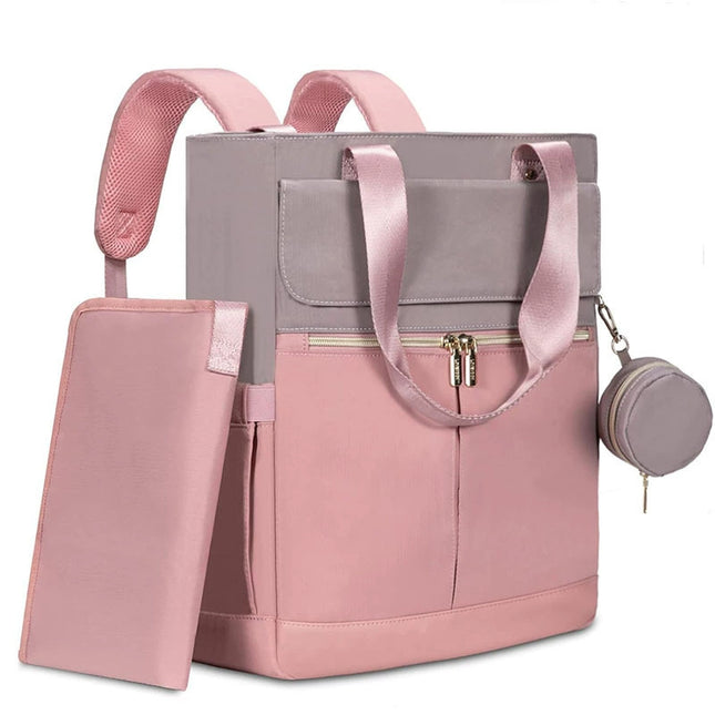 Pink and Grey Stylish Nappy Bag Backpack - Multi-Functional Diaper Bag with Insulated Pockets, Changing Pad & Pacifier Case.