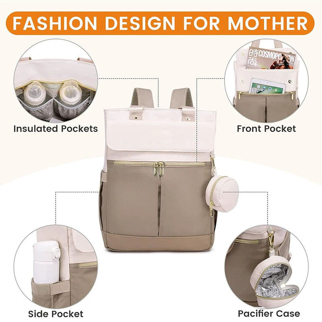 Pink and Grey Stylish Nappy Bag Backpack - Multi-Functional Diaper Bag with Insulated Pockets, Changing Pad & Pacifier Case.