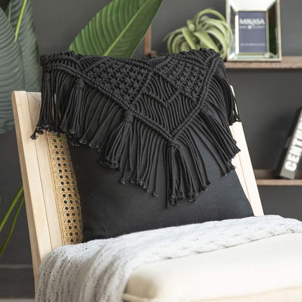 Black Boho Chic Macrame Cushion Cover - Handmade Woven Cotton Linen Pillow Case with Tassels - Decorative Throw Pillow Sham 45x45cm (Cover Only).