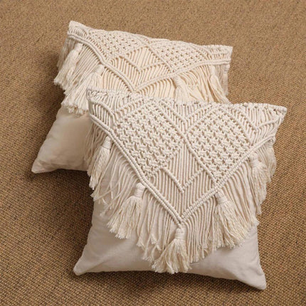 Black Boho Chic Macrame Cushion Cover - Handmade Woven Cotton Linen Pillow Case with Tassels - Decorative Throw Pillow Sham 45x45cm (Cover Only).
