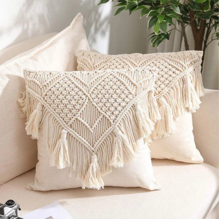 Black Boho Chic Macrame Cushion Cover - Handmade Woven Cotton Linen Pillow Case with Tassels - Decorative Throw Pillow Sham 45x45cm (Cover Only).