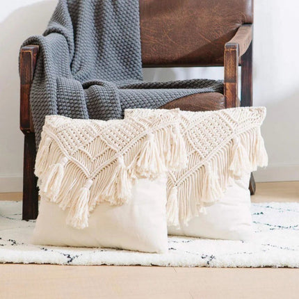 Black Boho Chic Macrame Cushion Cover - Handmade Woven Cotton Linen Pillow Case with Tassels - Decorative Throw Pillow Sham 45x45cm (Cover Only).