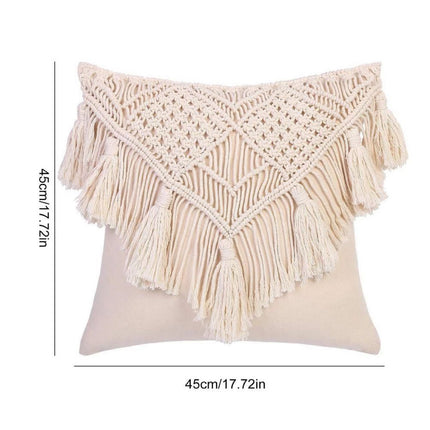 Black Boho Chic Macrame Cushion Cover - Handmade Woven Cotton Linen Pillow Case with Tassels - Decorative Throw Pillow Sham 45x45cm (Cover Only).