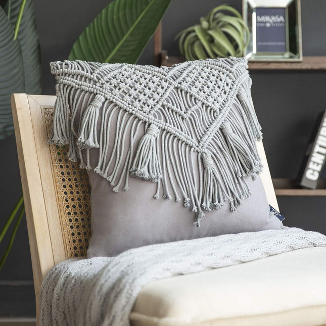 Grey Boho Chic Macrame Cushion Cover - Handmade Woven Cotton Linen Pillow Case with Tassels - Decorative Throw Pillow Sham 45x45cm (Cover Only).