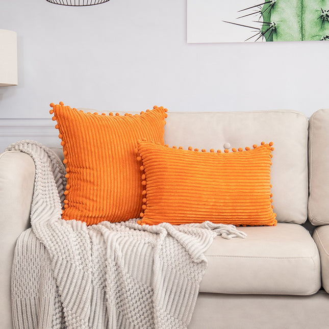 Orange Soft Corduroy Cushion Cover Set (1 Square + 1 Rectangular) with Pom Pom Trim - Decorative Throw Pillow Cases for Sofa Couch.