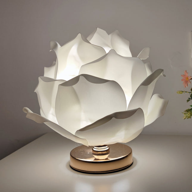 White Elegant Lotus Flower Table Lamp - Decorative Bedside Night Light for Bedroom Ambiance.