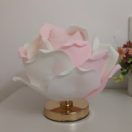 Pink and White Elegant Lotus Flower Table Lamp - Decorative Bedside Night Light for Bedroom Ambiance.