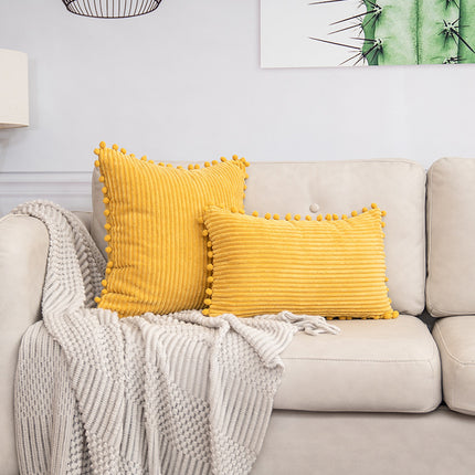 Yellow Soft Corduroy Cushion Cover Set (1 Square + 1 Rectangular) with Pom Pom Trim - Decorative Throw Pillow Cases for Sofa Couch.