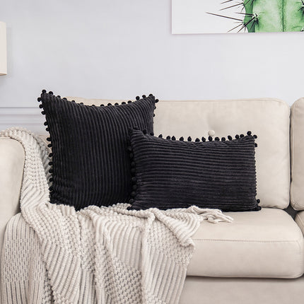 Black Soft Corduroy Cushion Cover Set (1 Square + 1 Rectangular) with Pom Pom Trim - Decorative Throw Pillow Cases for Sofa Couch.