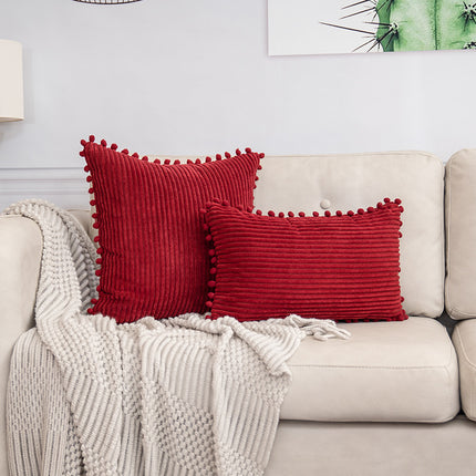 Red Soft Corduroy Cushion Cover Set (1 Square + 1 Rectangular) with Pom Pom Trim - Decorative Throw Pillow Cases for Sofa Couch.