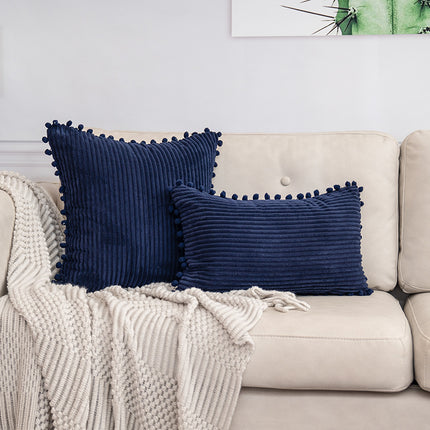 Navy Blue Soft Corduroy Cushion Cover Set (1 Square + 1 Rectangular) with Pom Pom Trim - Decorative Throw Pillow Cases for Sofa Couch.
