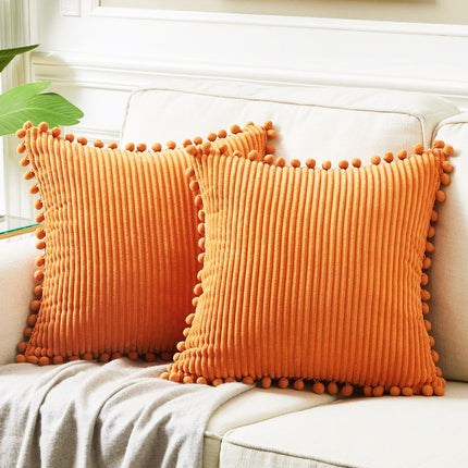 Orange Soft Corduroy Cushion Covers with Pom Pom Trim - Set of 2 Decorative Throw Pillow Cases for Sofa Couch Bed, 45x45cm.