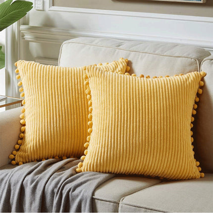Yellow Soft Corduroy Cushion Covers with Pom Pom Trim - Set of 2 Decorative Throw Pillow Cases for Sofa Couch Bed, 45x45cm.