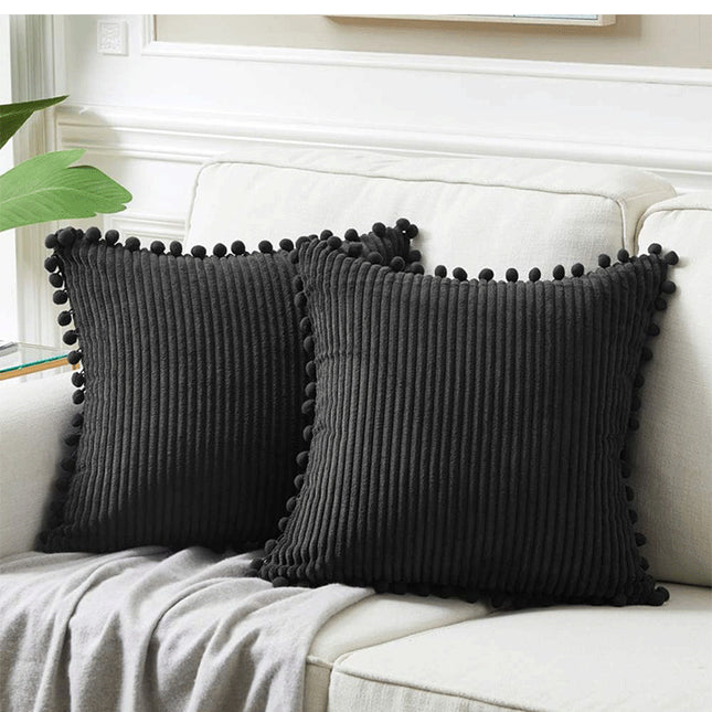 Black Soft Corduroy Cushion Covers with Pom Pom Trim - Set of 2 Decorative Throw Pillow Cases for Sofa Couch Bed, 45x45cm.
