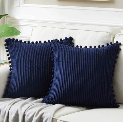 Navy Blue Soft Corduroy Cushion Covers with Pom Pom Trim - Set of 2 Decorative Throw Pillow Cases for Sofa Couch Bed, 45x45cm.