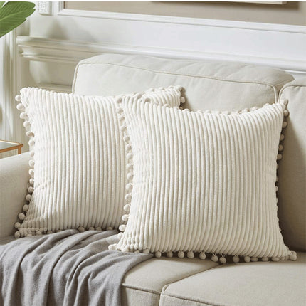 Navy Blue Soft Corduroy Cushion Covers with Pom Pom Trim - Set of 2 Decorative Throw Pillow Cases for Sofa Couch Bed, 45x45cm.