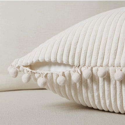 Navy Blue Soft Corduroy Cushion Covers with Pom Pom Trim - Set of 2 Decorative Throw Pillow Cases for Sofa Couch Bed, 45x45cm.