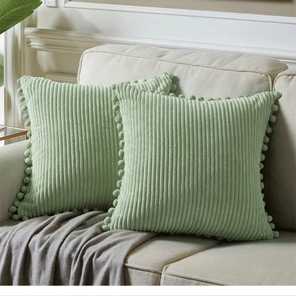 Light Green Soft Corduroy Cushion Covers with Pom Pom Trim - Set of 2 Decorative Throw Pillow Cases for Sofa Couch Bed, 45x45cm.