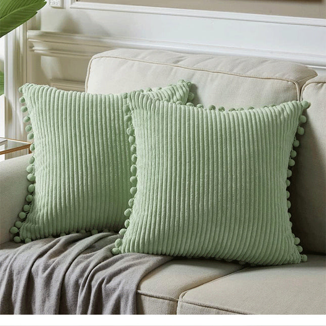 Light Green Soft Corduroy Cushion Covers with Pom Pom Trim - Set of 2 Decorative Throw Pillow Cases for Sofa Couch Bed, 45x45cm.