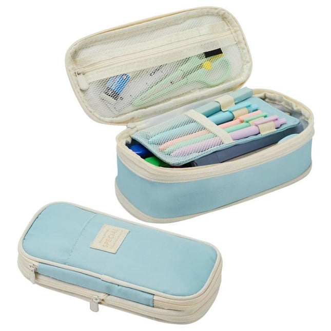 Light Blue Large Capacity Expandable Pencil Case - Multi-Compartment Student Stationery Pouch (Only with pencil case).