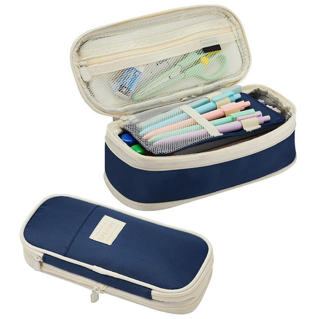 Dark Blue Large Capacity Expandable Pencil Case - Multi-Compartment Student Stationery Pouch (Only with pencil case).
