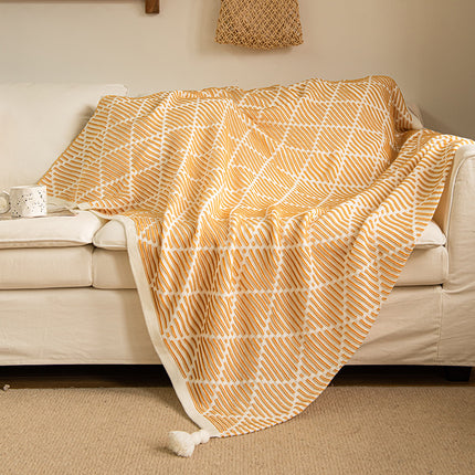 Yellow and Beige Diamond Pattern Soft Cozy Knit Throw Blanket with Tassels - Geometric Pattern Lightweight Acrylic Blanket for Sofa Couch Bed, 130x150cm.