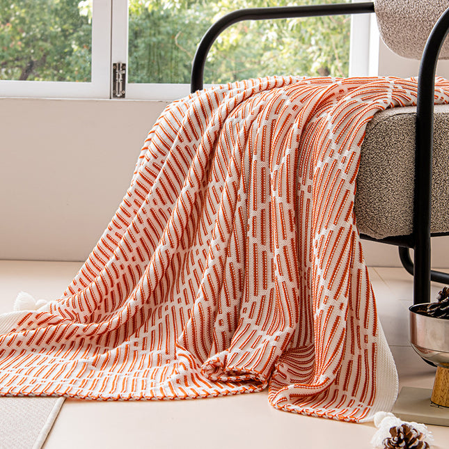 Orange and Beige Diamond Pattern Soft Cozy Knit Throw Blanket with Tassels - Geometric Pattern Lightweight Acrylic Blanket for Sofa Couch Bed, 130x150cm.