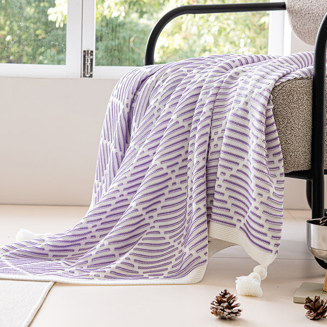 Purple and Beige Diamond Pattern Soft Cozy Knit Throw Blanket with Tassels - Geometric Pattern Lightweight Acrylic Blanket for Sofa Couch Bed, 130x150cm.