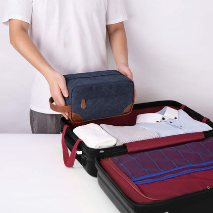 Black And Brown Men's Canvas Toiletry Bag - Large Capacity Water-Resistant Travel Organizer Dopp Kit with Handle.