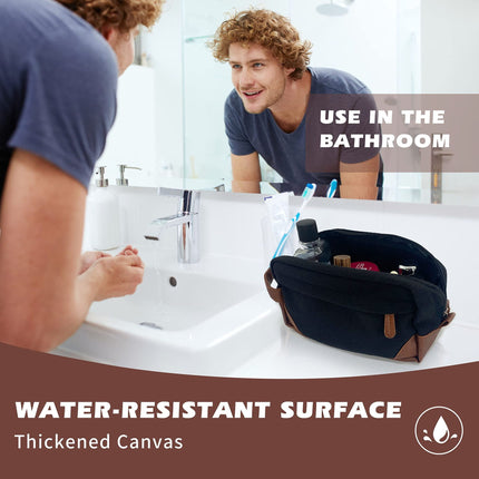 Black And Brown Men's Canvas Toiletry Bag - Large Capacity Water-Resistant Travel Organizer Dopp Kit with Handle.
