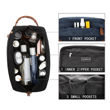 Black And Brown Men's Canvas Toiletry Bag - Large Capacity Water-Resistant Travel Organizer Dopp Kit with Handle.