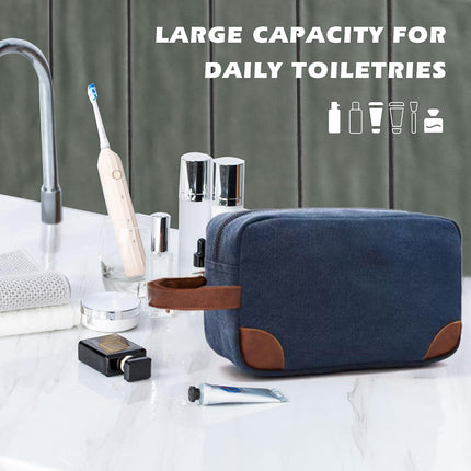 Dark Blue And Brown Men's Canvas Toiletry Bag - Large Capacity Water-Resistant Travel Organizer Dopp Kit with Handle.