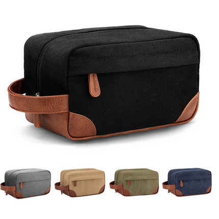 Grey And Brown Men's Canvas Toiletry Bag - Large Capacity Water-Resistant Travel Organizer Dopp Kit with Handle.