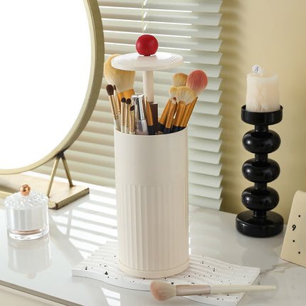 Beige Automatic Lifting Makeup Brush Holder - Dustproof Desktop Organizer with Lid & Compartments.